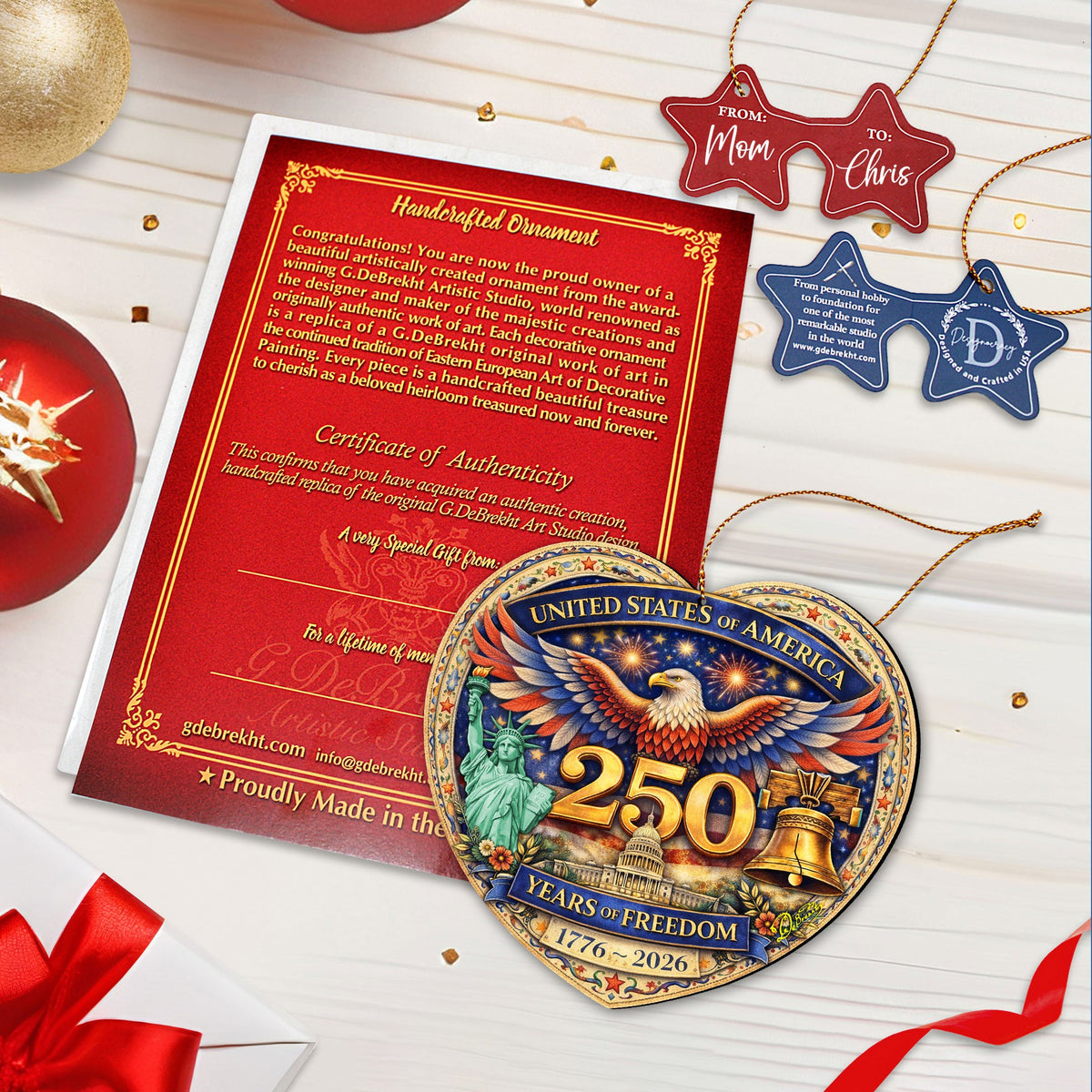 USA 250 Years of Freedom Wooden Ornament – Patriotic Eagle Christmas Ornament 1776–2026 by G. DeBrekht - American Patriotic Decor – 8652897