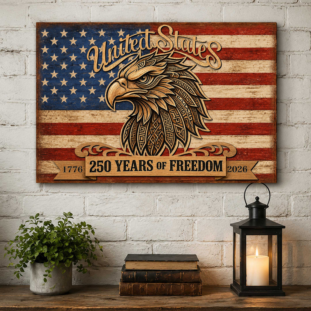 United States 250 Years of Freedom Wall Art – Patriotic Eagle American Flag Decor – Rustic USA Wall Sign - 8652876B