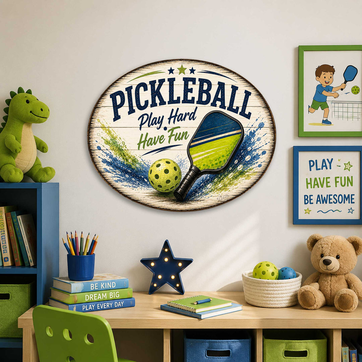 Pickleball Play Hard Have Fun Wall Decor – Rustic Pickleball Sports Sign – 22x18 Wall Art by G. Debrekht - 8652881H