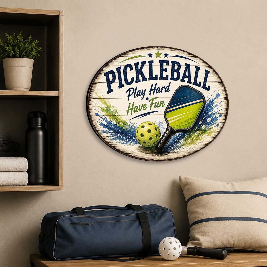 Pickleball Play Hard Have Fun Wall Decor – Rustic Pickleball Sports Sign – 22x18 Wall Art by G. Debrekht - 8652881H