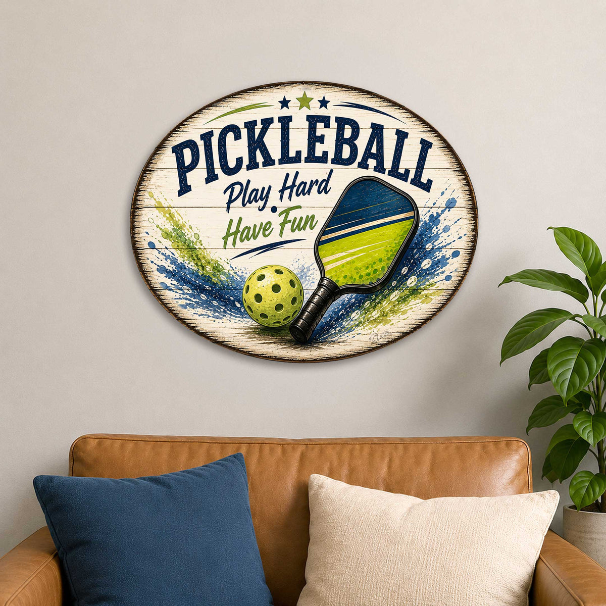 Pickleball Play Hard Have Fun Wall Decor – Rustic Pickleball Sports Sign – 22x18 Wall Art by G. Debrekht - 8652881H