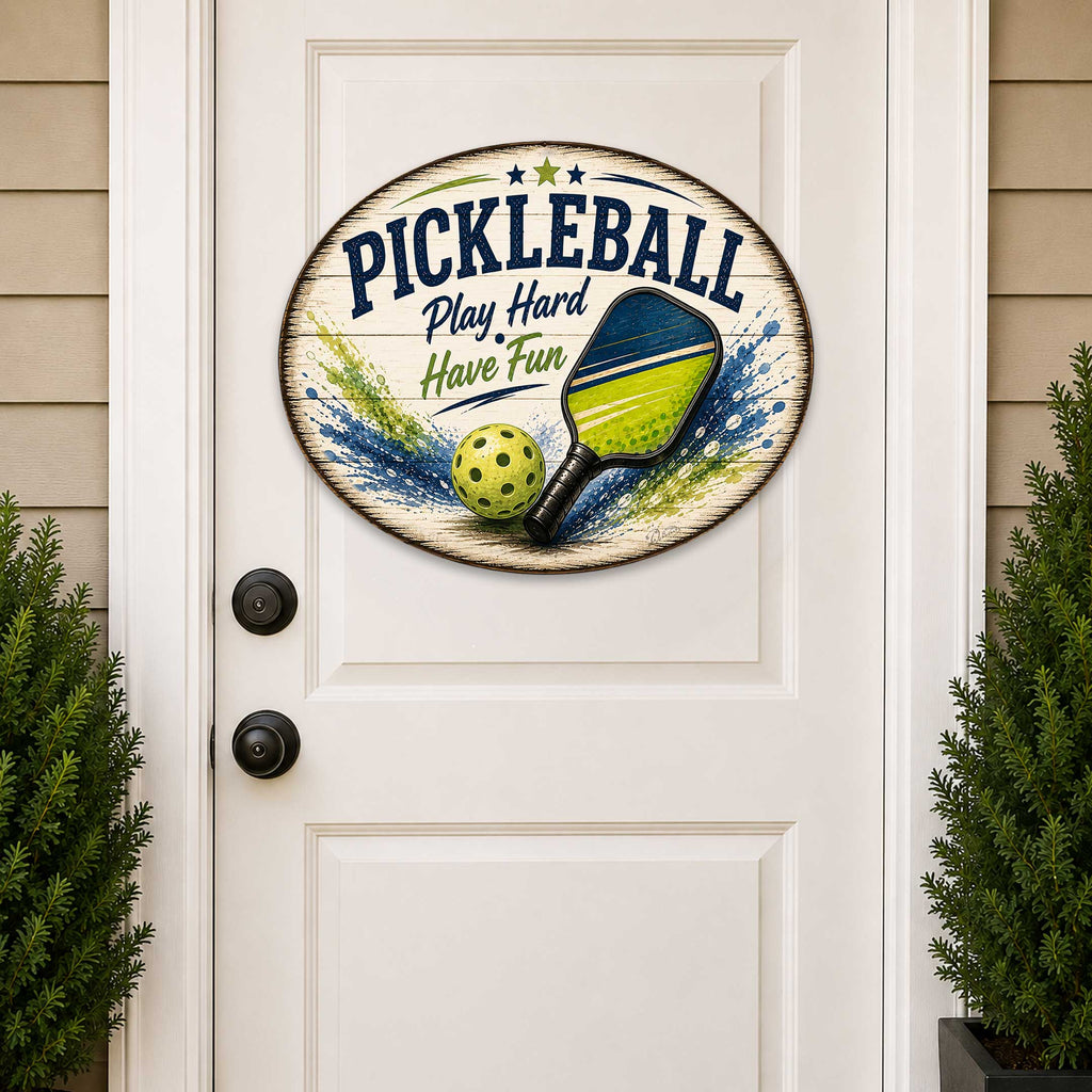 Pickleball Play Hard Have Fun Wall Decor – Rustic Pickleball Sports Sign – 22x18 Wall Art by G. Debrekht - 8652881H