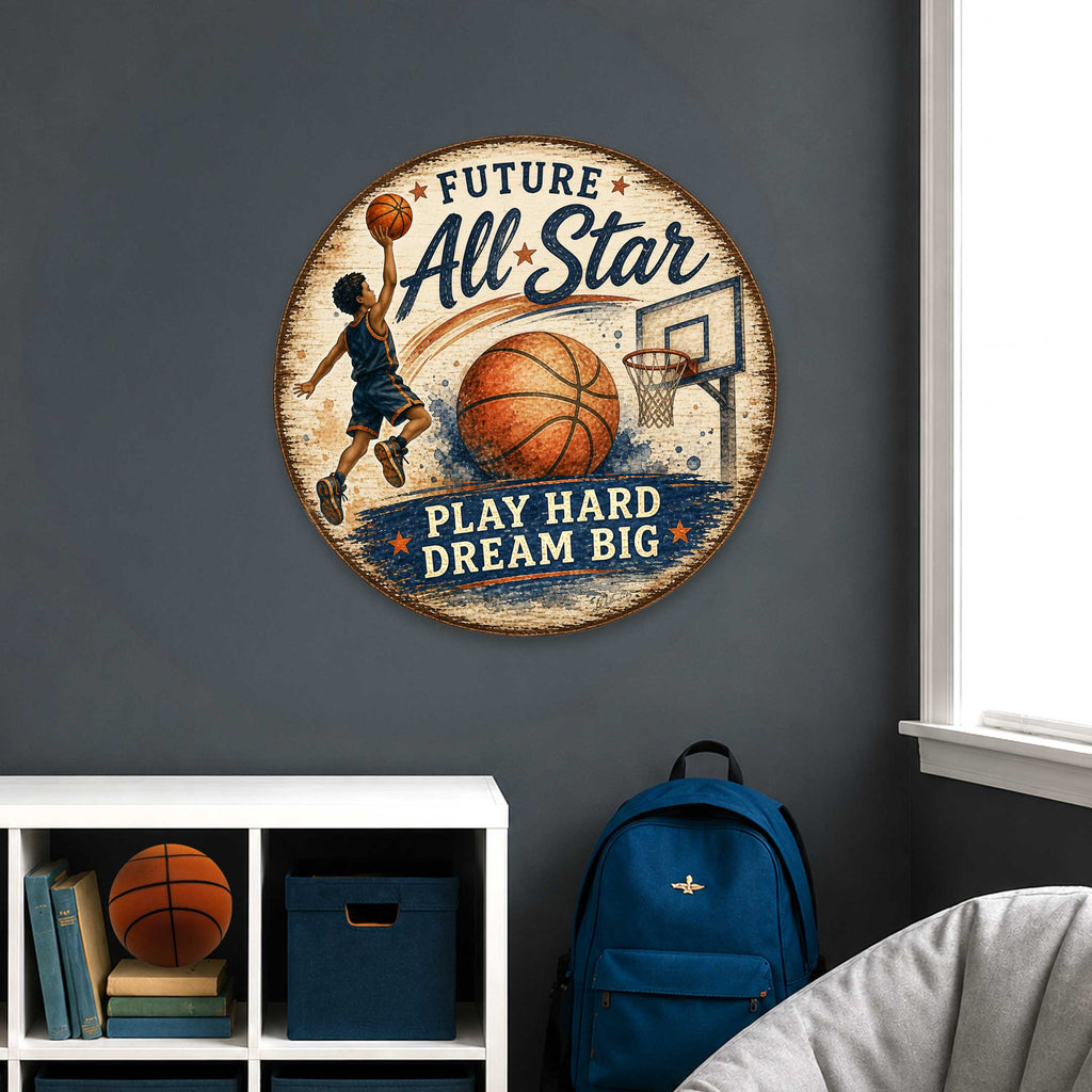 Future All-Star Basketball Wall Decor – Rustic Basketball Sports Sign – 19x19 Round Wall Art by G.Debrekht - 8652885H