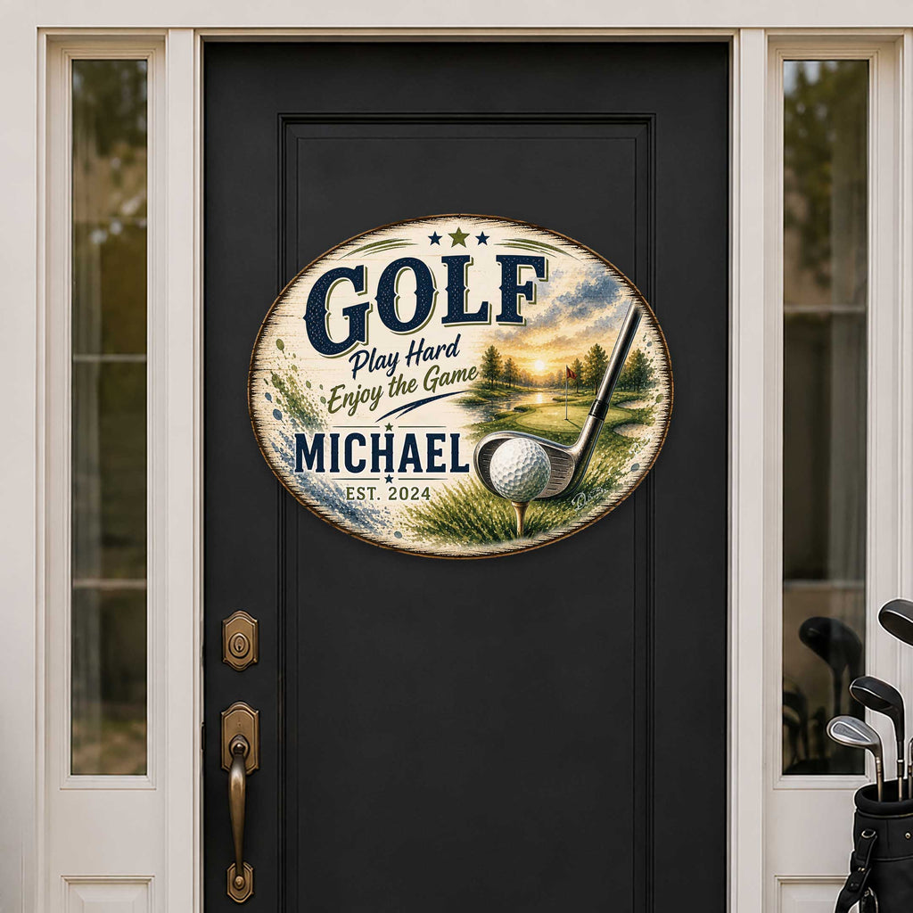 Personalized Golf Door Hanger – Custom Golf Name Sign – 22x18 Golf Wall Decor by G. Debrekht - 8652888H