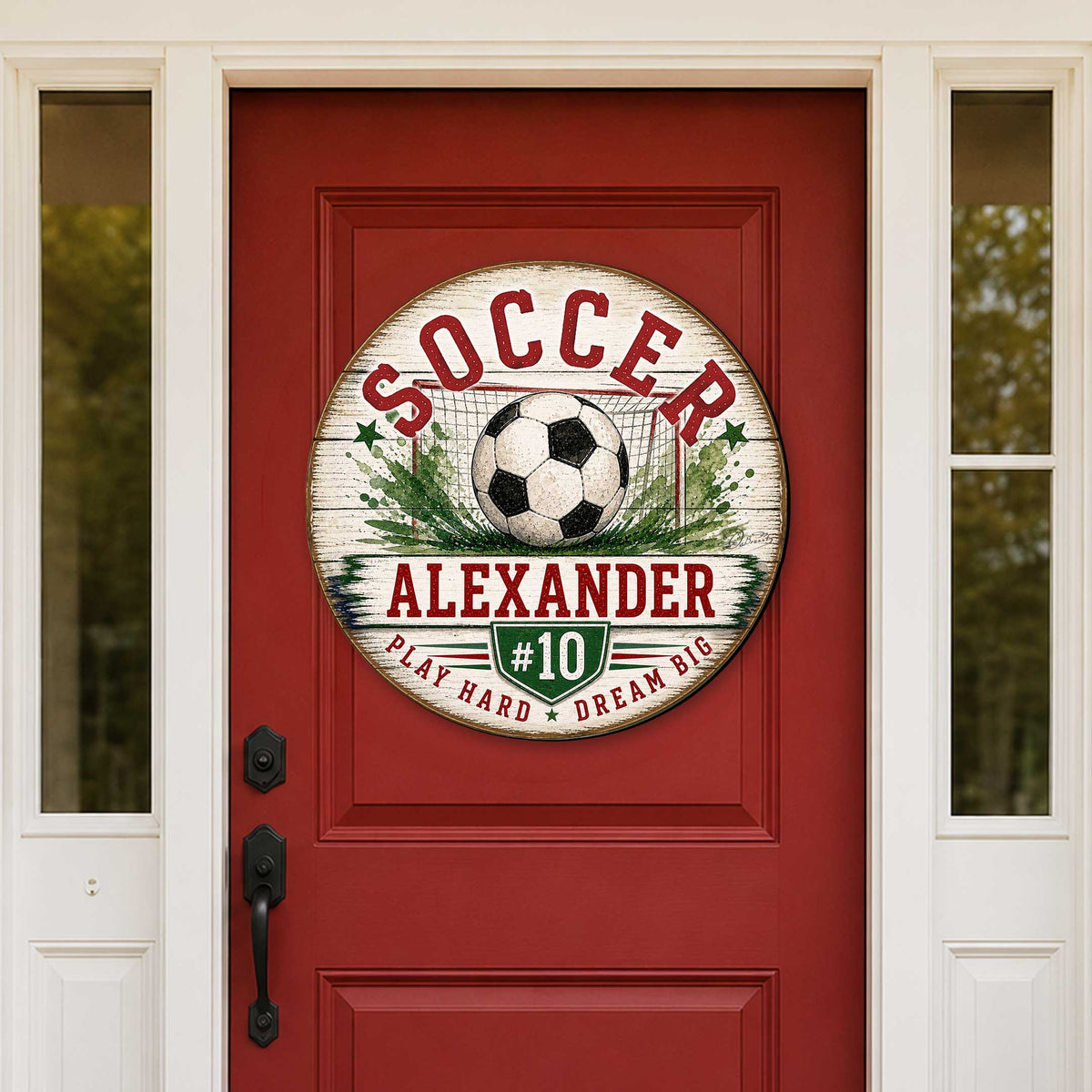 Personalized Soccer Door Hanger – Custom Soccer Name Sign – 19x19 Round Sports Door Decor by G. Debrekht - 8652890H