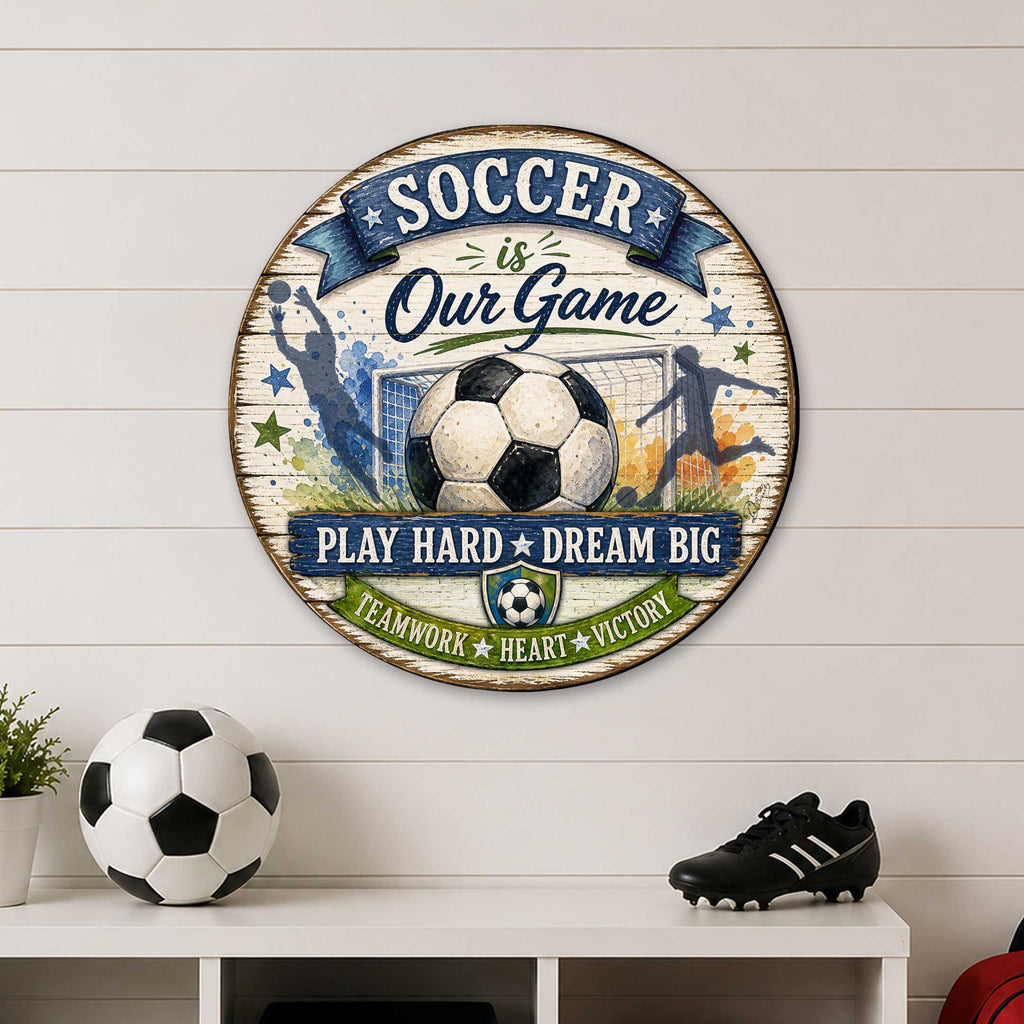Soccer Is Our Game Wall Decor – Rustic Soccer Sports Sign – 19x19 Round Wall Art by G. Debrekht - 8652891H