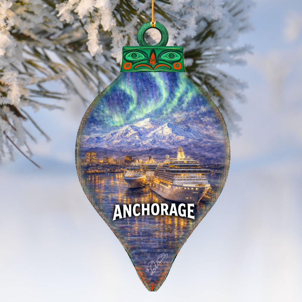 Anchorage Alaska Northern Lights Wooden Ornament – The Great Land Wildlife Décor by G. DeBrekht - Wildlife Holiday Décor - 8710166