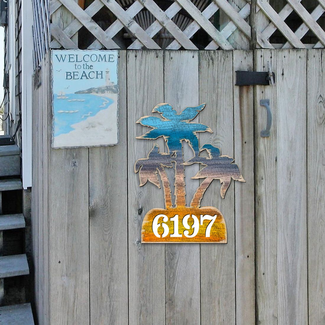 Palm Coastal Trees Personalized House Number Sign by G. Debrekht - Coastal Sea-Life Decor - Handcrafted Wooden Handcrafted Wooden Address Sign - MA8198415