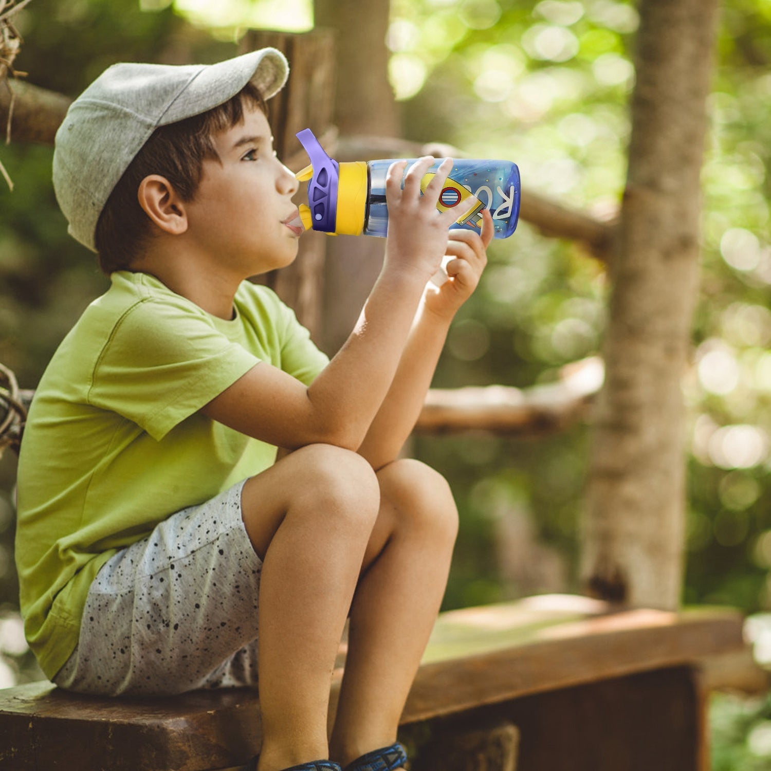 16.2Oz Leak-proof Kids Water Bottle with Straw Push Button Sport Water Bottle for Kids Crab Ship Jellyfish Rocket