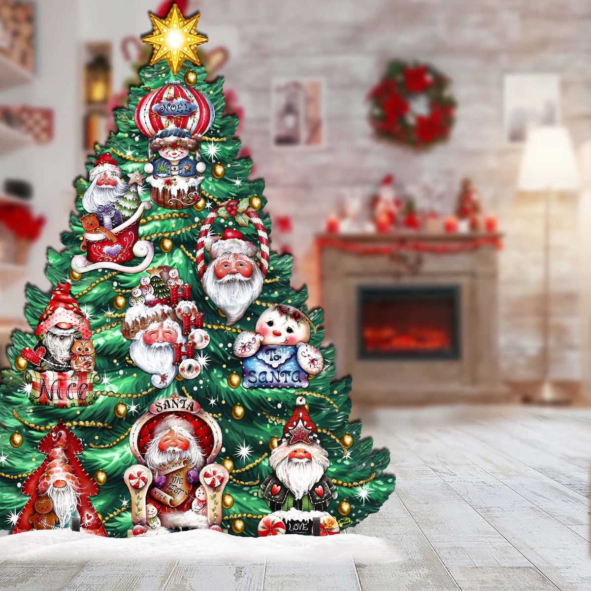 Santa-Themed Christmas Tree Outdoor Indoor Decor Wooden Christmas Decoration by Jamie Mills-Price Christmas Decor - 8191509F