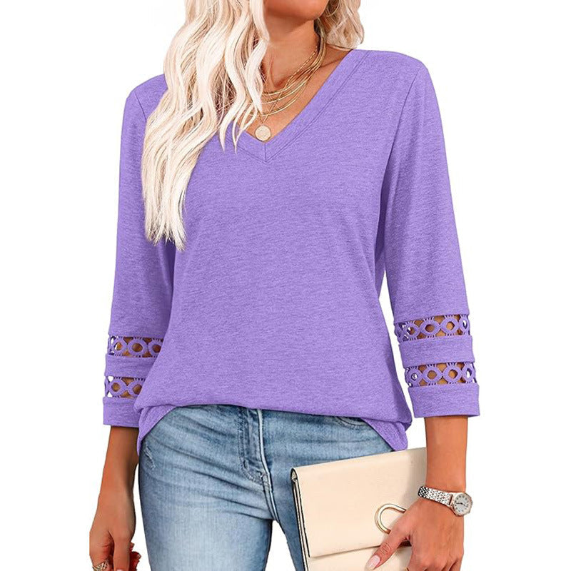 Women’s V-Neck 3/4 Sleeve Pullover Top – Loose Fit