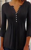Women’s Button-Front Ruched Blouse – Crew Neck
