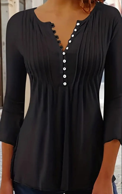 Women’s Button-Front Ruched Blouse – Crew Neck