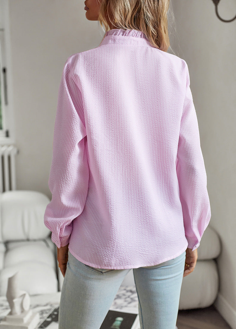 Women’s Striped Ruffle Button-Up Blouse – Long Sleeve