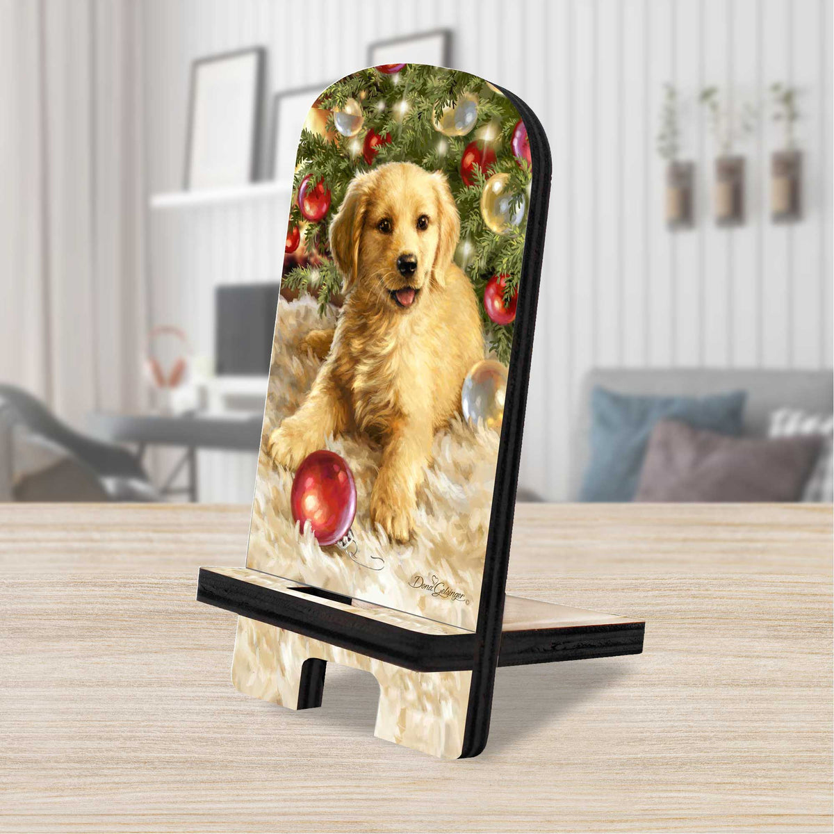 Christmas Puppy Cell Phone Stand Pet Décor Wood Mobile Tablet Holder Charging Station Organizer - 892075-DG