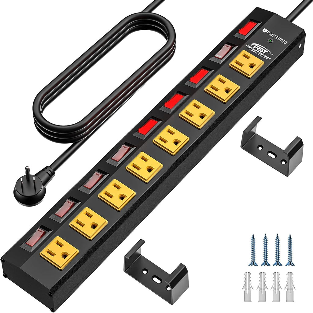CRST 8-Outlet Wide Metal Surge Protector Power Strip - Individual Switches, 1200J, Wall Mount, 6ft Cord