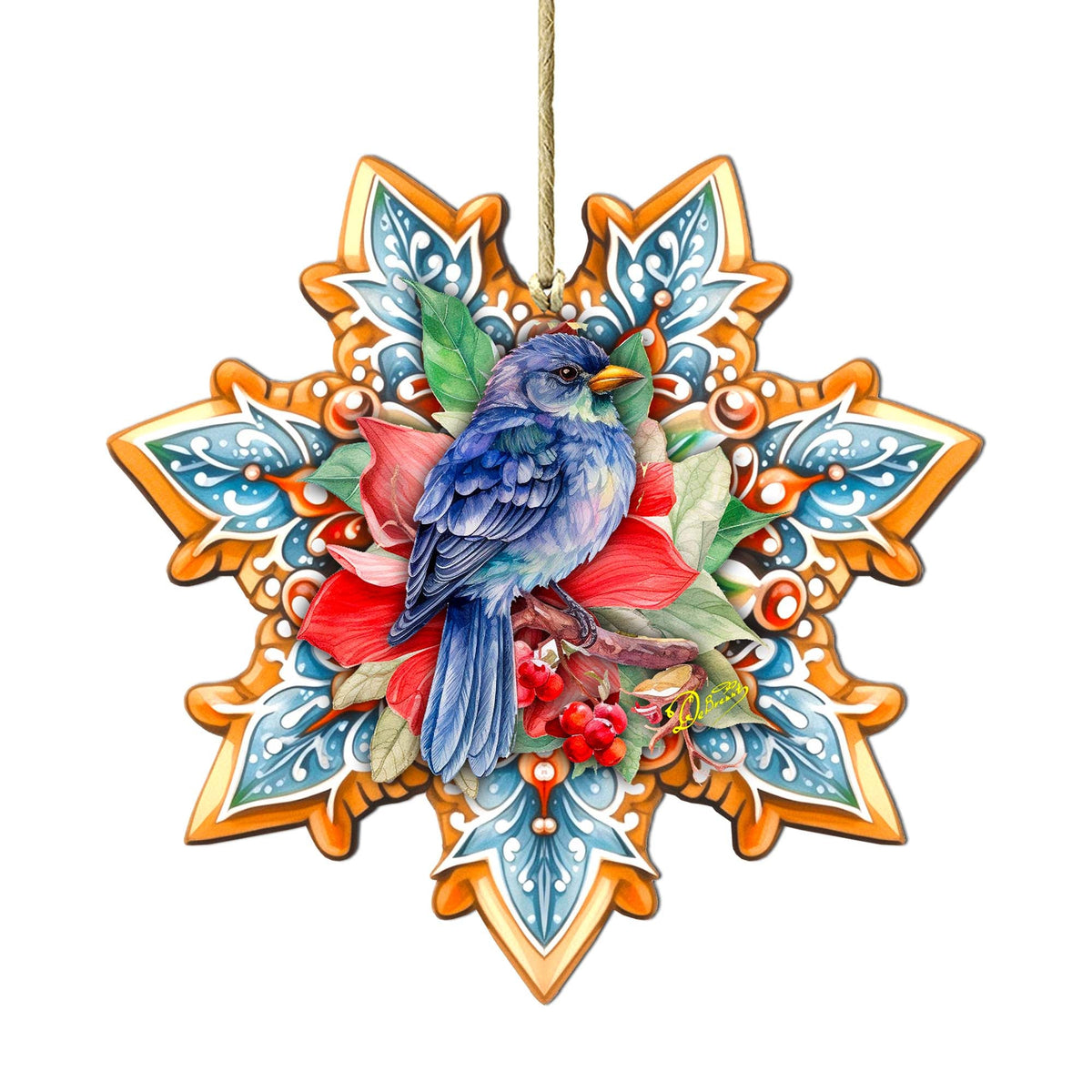 Blue Bird Snowflake Large Wooden Ornament by G. Debrekht - Nature Wildlife Decor - 8688410M