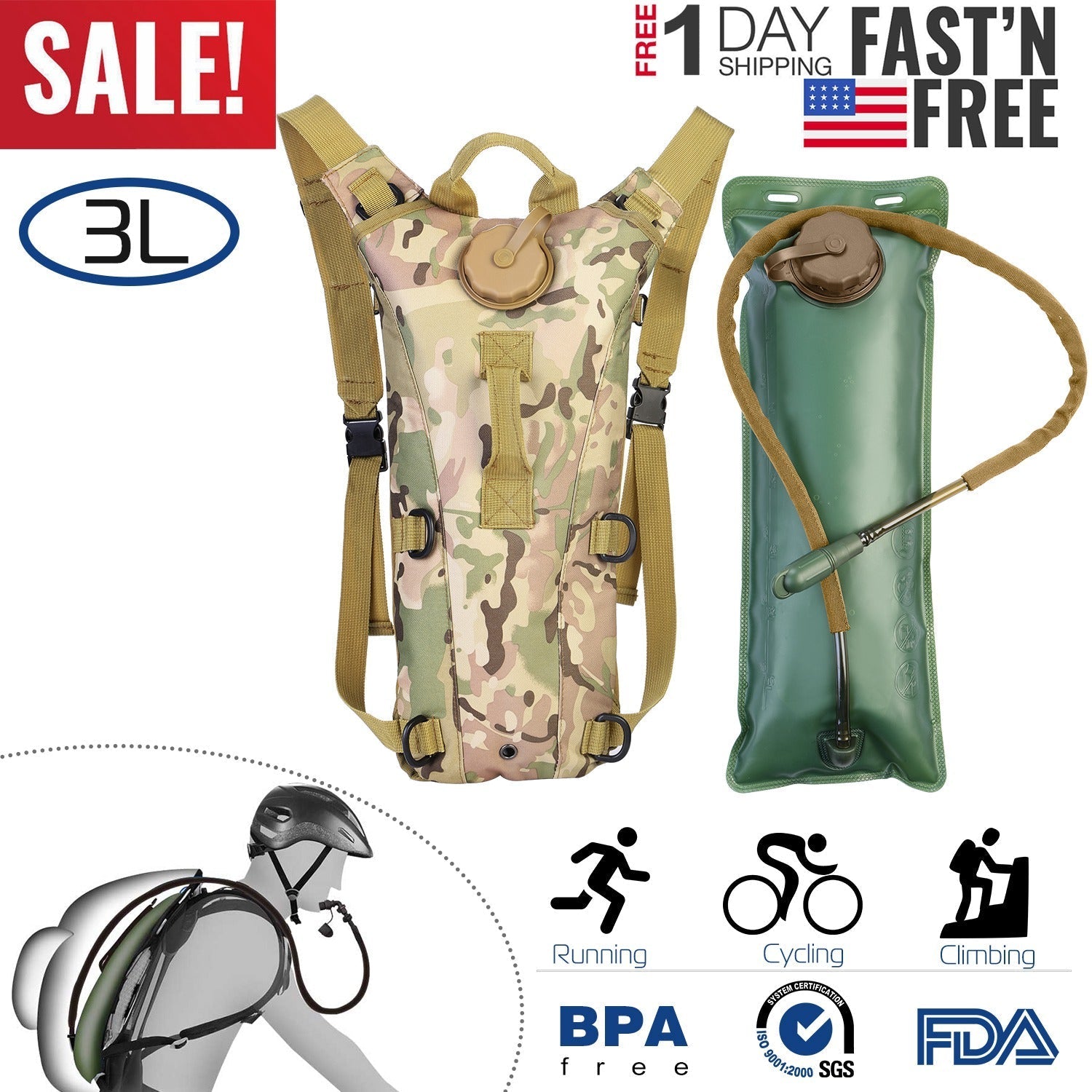 Tactical Hydration Pack 3L Water Bladder Adjustable Water Drink Backpack for Hiking Cycling Climbing Running