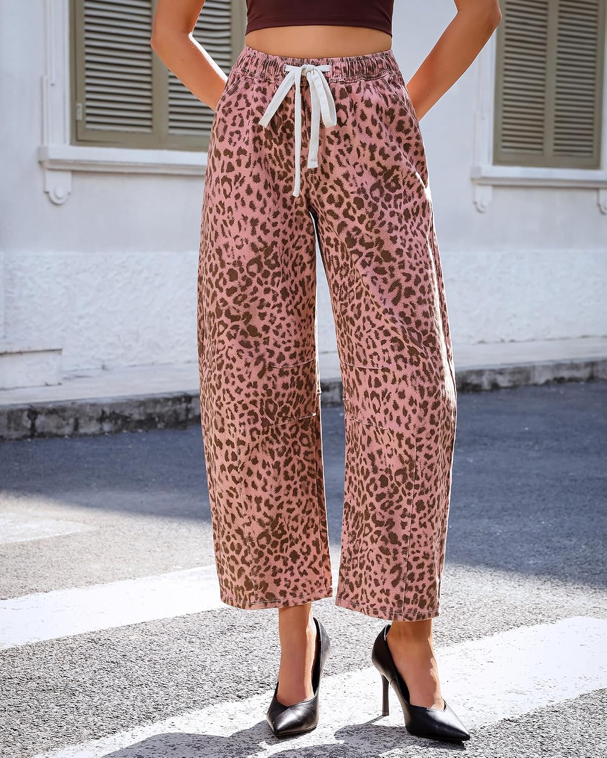 GRAPENT Barrel Jeans for Women Trendy High Waisted Pull On Wide Leg Cropped Leopard Cheetah Print Stretchy Denim Pants