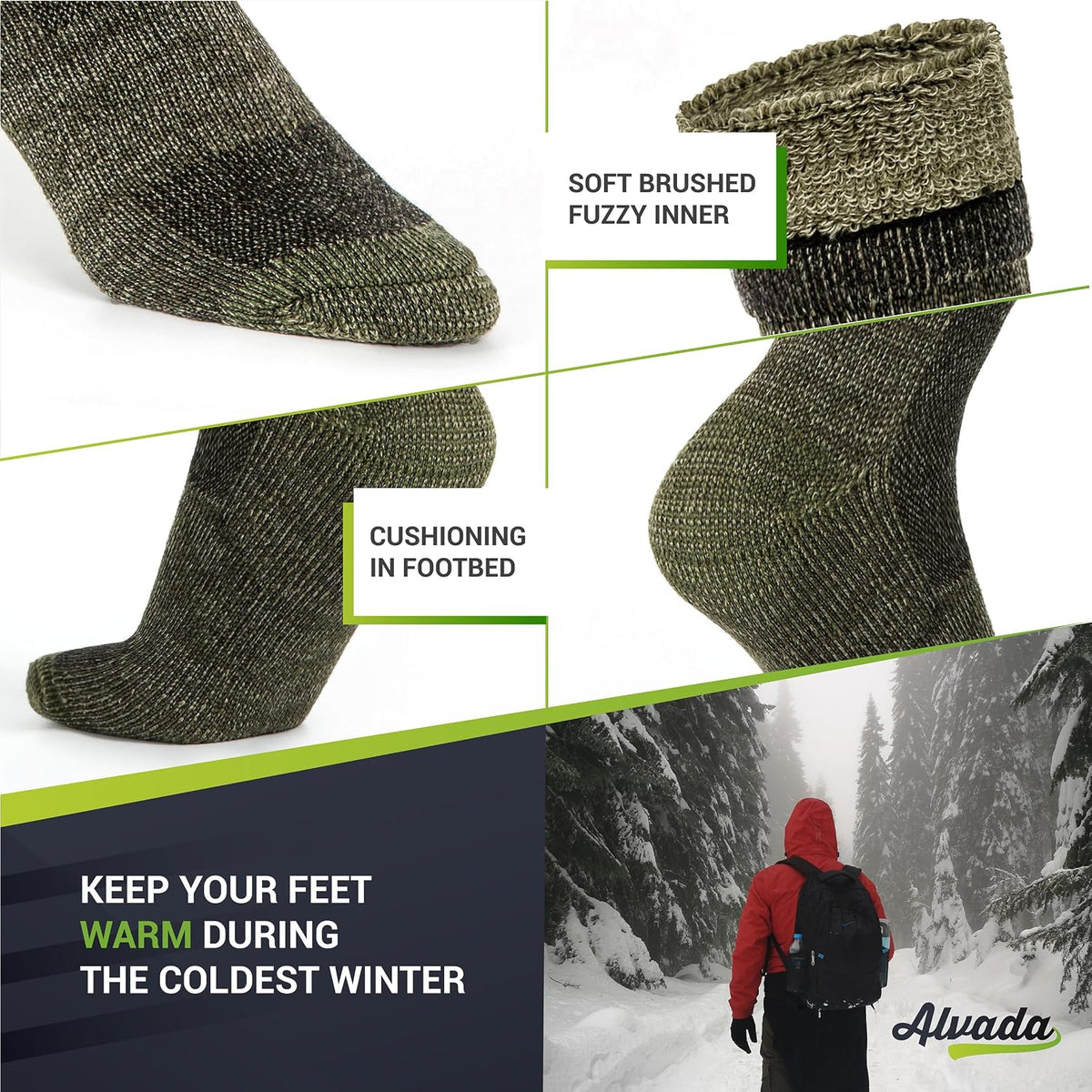 Alvada Mens Merino Wool Crew Socks Thermal and Warm Socks for Winter Work Hiking Running 3 Pairs