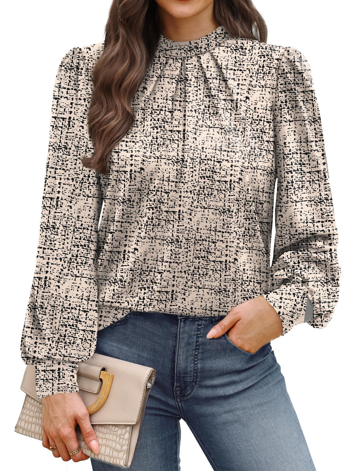 WIHOLL Long Sleeve Shirts for Women Mock Neck Tops Pleated Front Blouses Dressy Casual Spring Fall Clothes 2026 Fashion