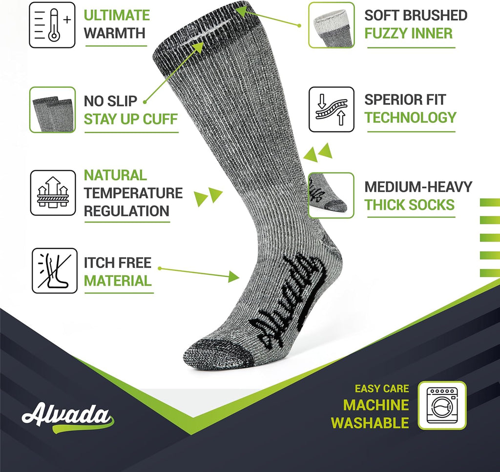 Alvada Mens Merino Wool Crew Socks Thermal and Warm Socks for Winter Work Hiking Running 3 Pairs