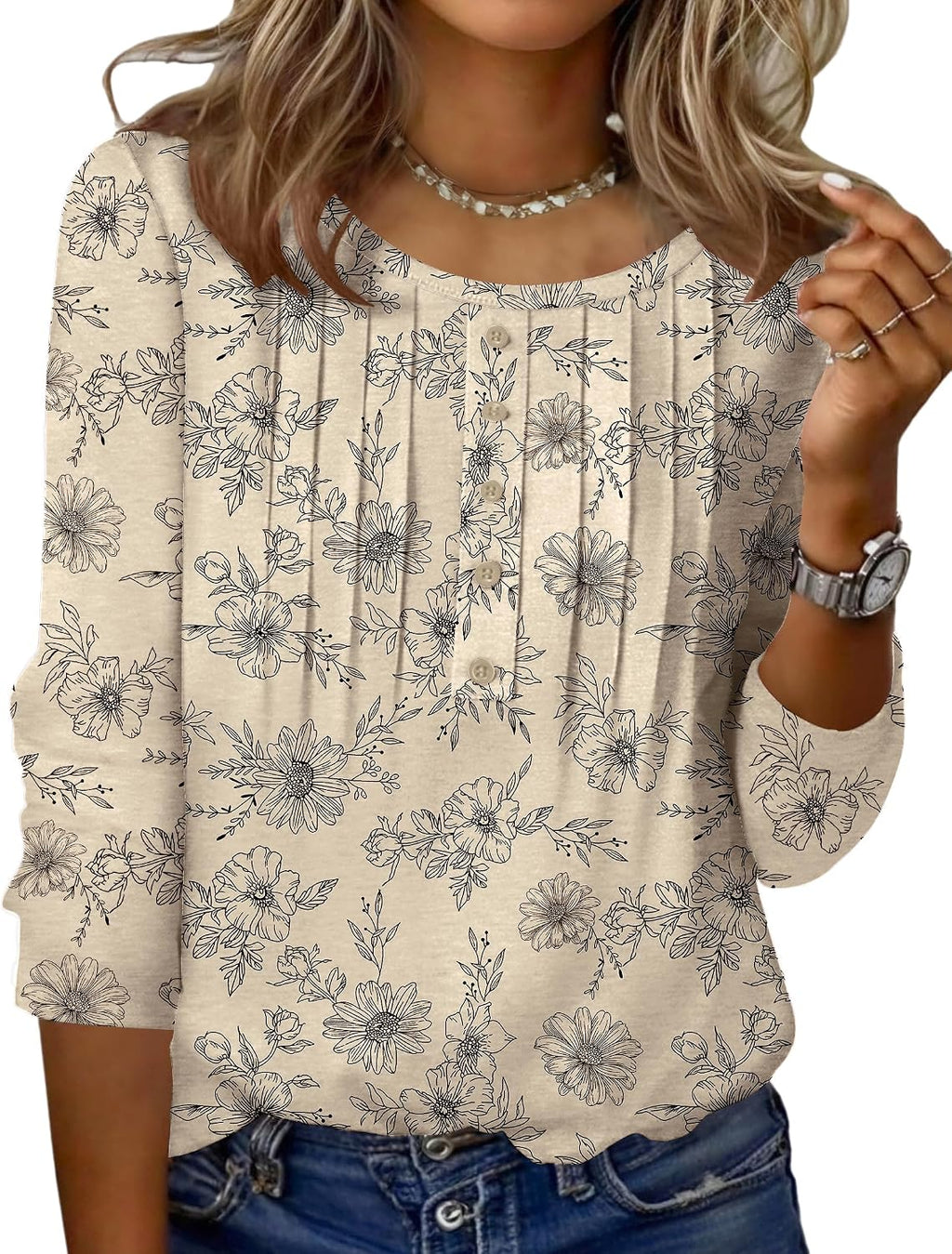 Zeagoo 3/4 Length Sleeve Womens Tops Round Neck Casual Summer Tunic Tops Basic Tees Blouses Dressy T-Shirts Pleated Shirts