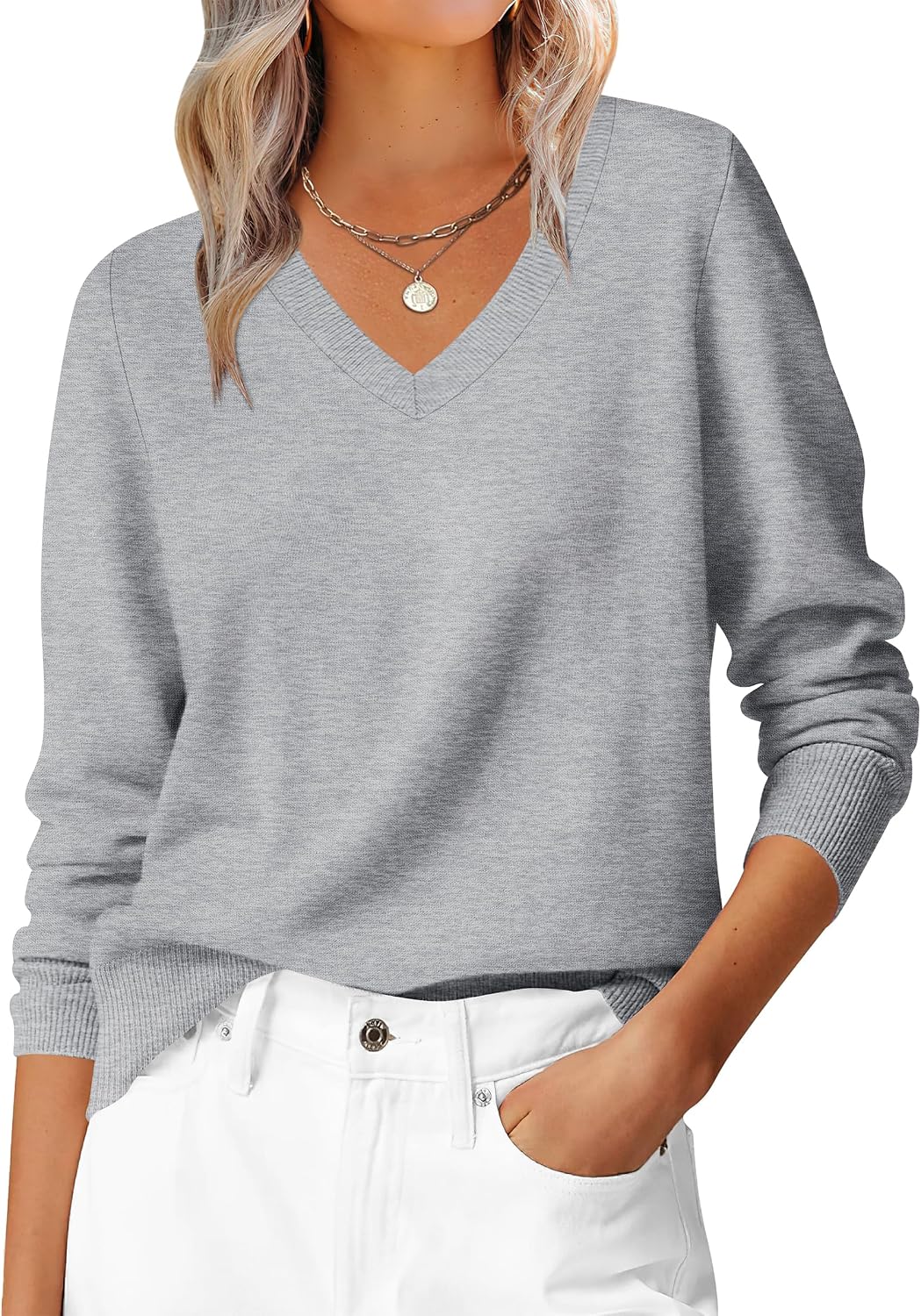 ANRABESS Women’s Fall Long Sleeve V Neck Lightweight Sweaters Top