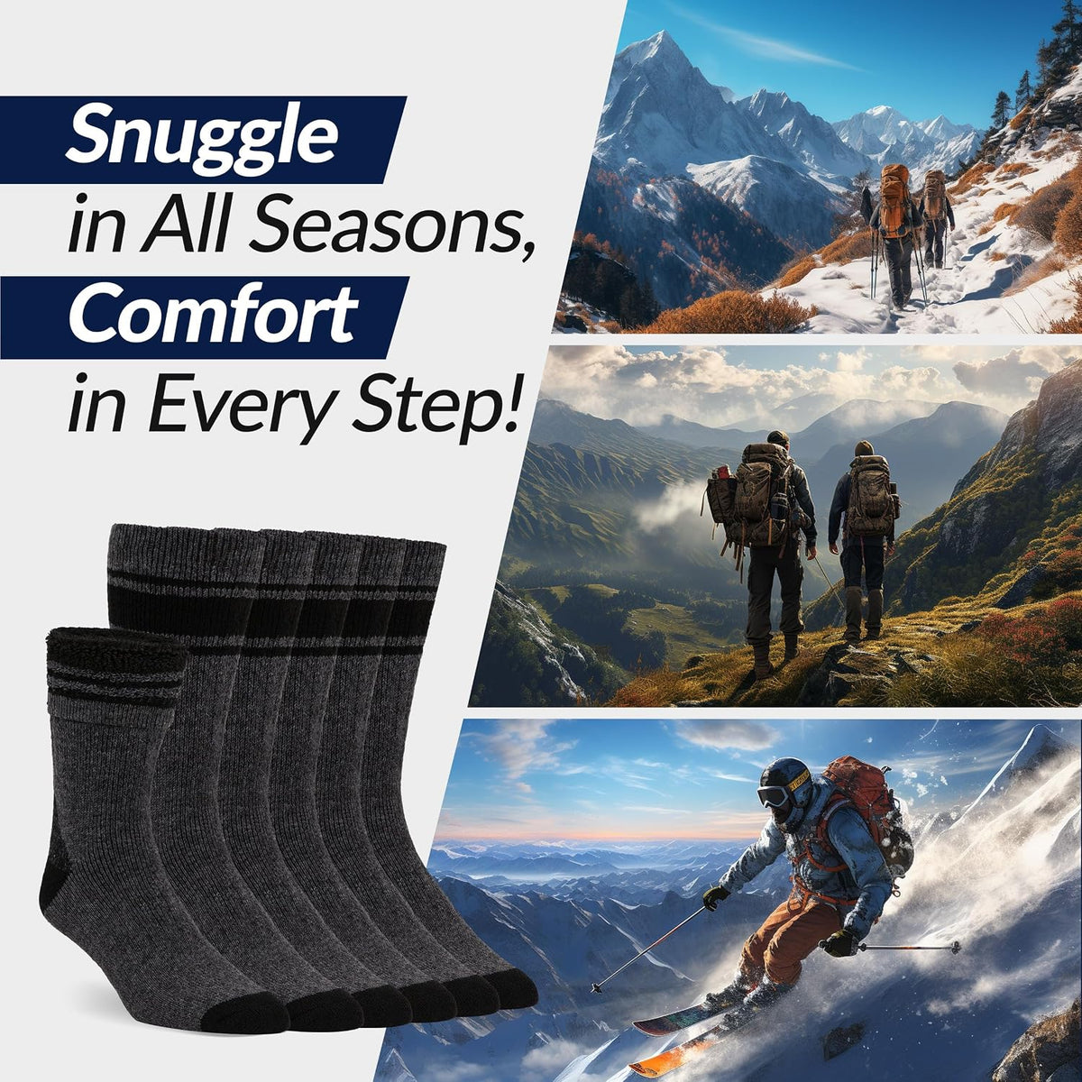 Alvada Mens Merino Wool Crew Socks Thermal and Warm Socks for Winter Work Hiking Running 3 Pairs