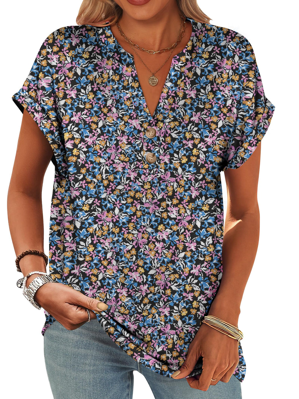 ANRABESS Womens Short Sleeve Henley Tops Summer Shirts Dressy Casual Blouse