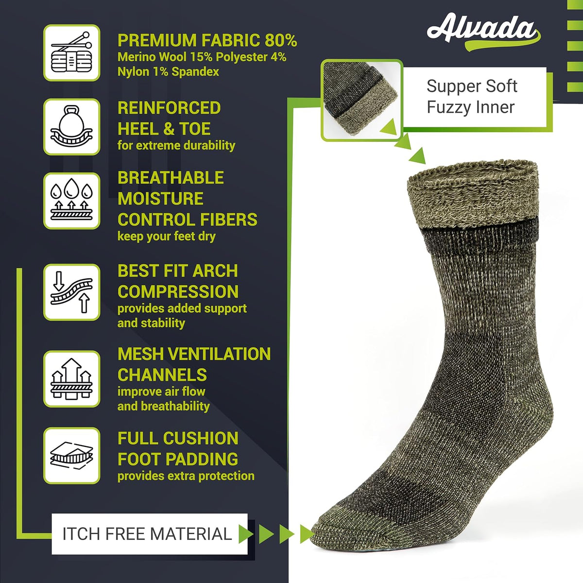Alvada Mens Merino Wool Crew Socks Thermal and Warm Socks for Winter Work Hiking Running 3 Pairs
