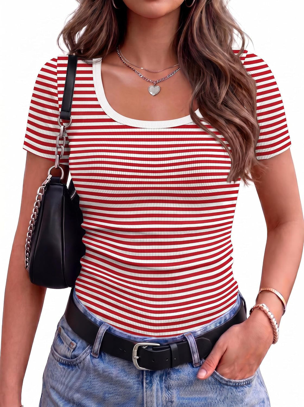 Zeagoo Womens Tops Short Sleeve Rib Knit Basic Tee Scoop Neck Fitted Shirt