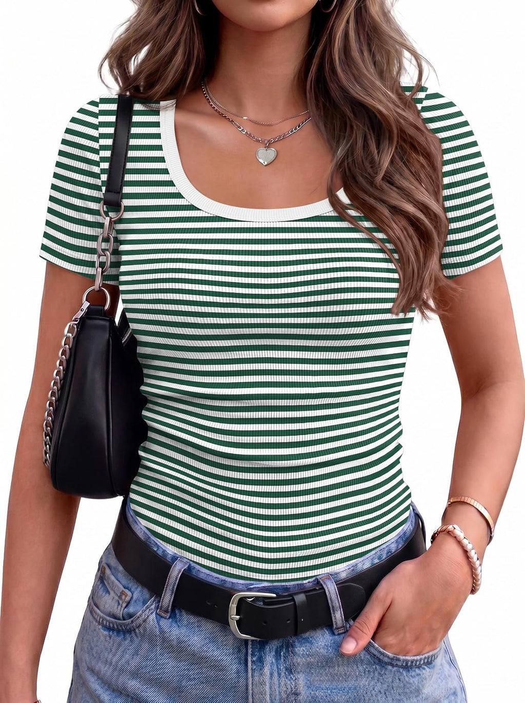 Zeagoo Womens Tops Short Sleeve Rib Knit Basic Tee Scoop Neck Fitted Shirt