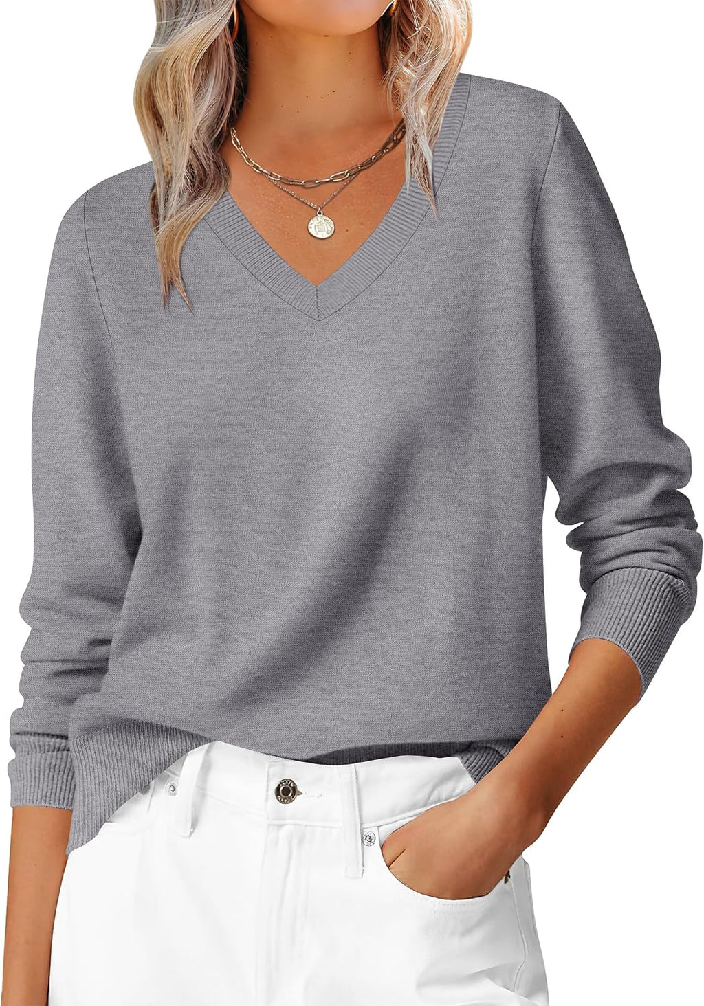 ANRABESS Women’s Fall Long Sleeve V Neck Lightweight Sweaters Top
