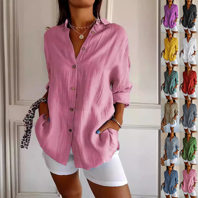 Women’s Lapel Long Sleeve Cardigan Shirt – Single-Breasted Pleated