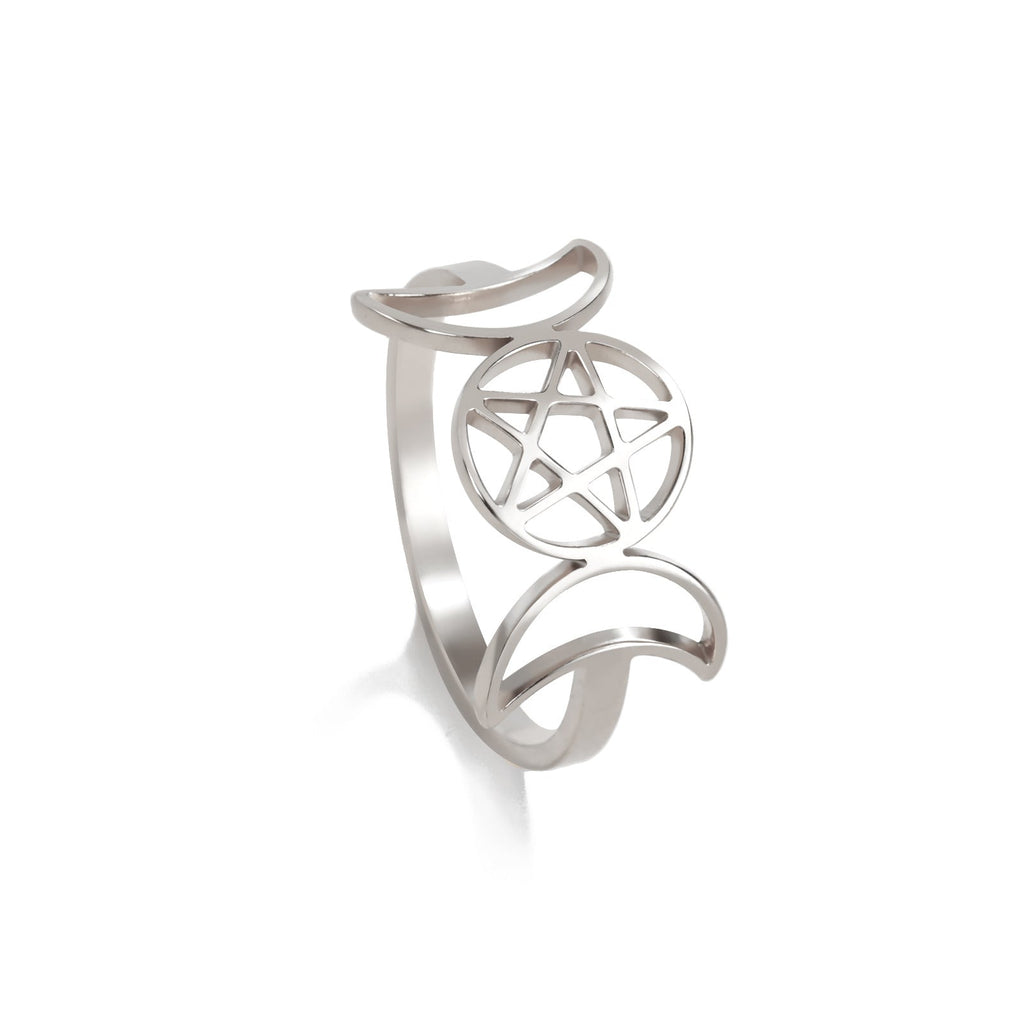 Temperament Wild Couple Ornament Double Moon Pentagram Stainless Steel Ring
