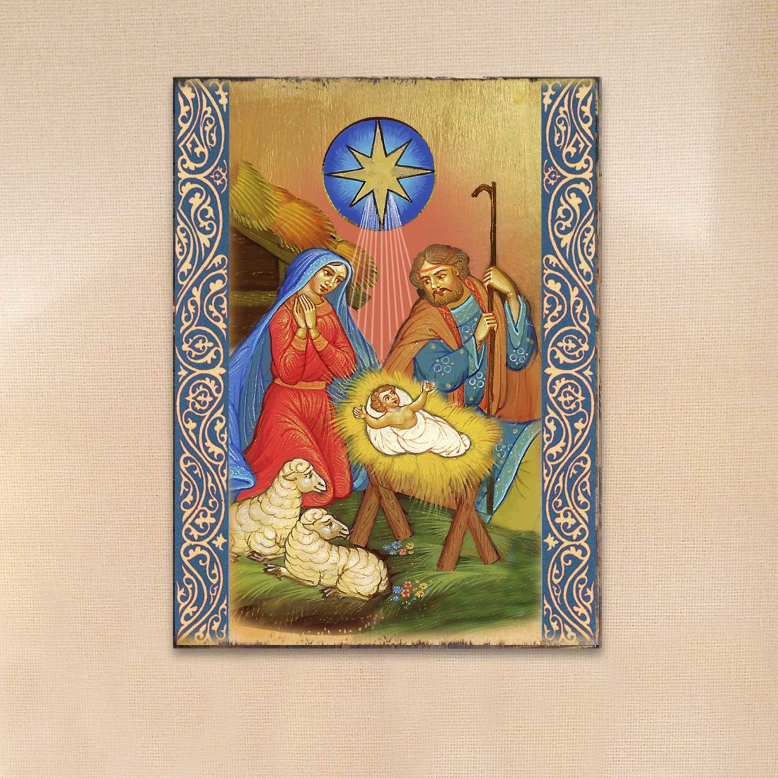 Nativity Birth Wooden Gold Plated Religious Orthodox Sacred Icon - Inspirational Icon Decor - 85019