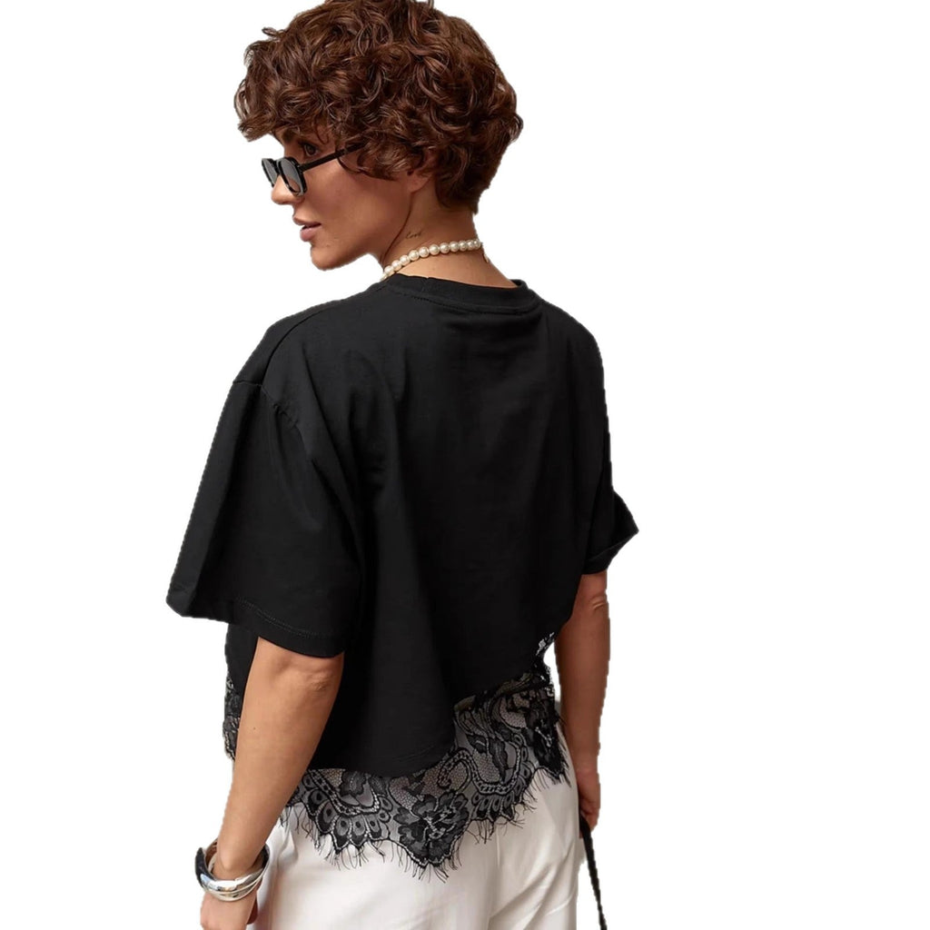 Mesh Lace Patchwork Blouse – Short Sleeve Crew Neck | White & Black