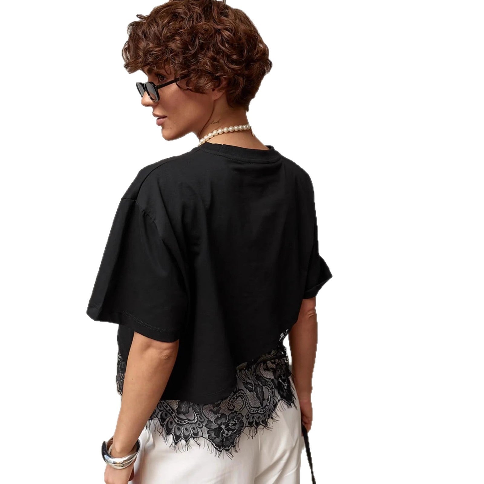 Mesh Lace Patchwork Blouse – Short Sleeve Crew Neck | White & Black