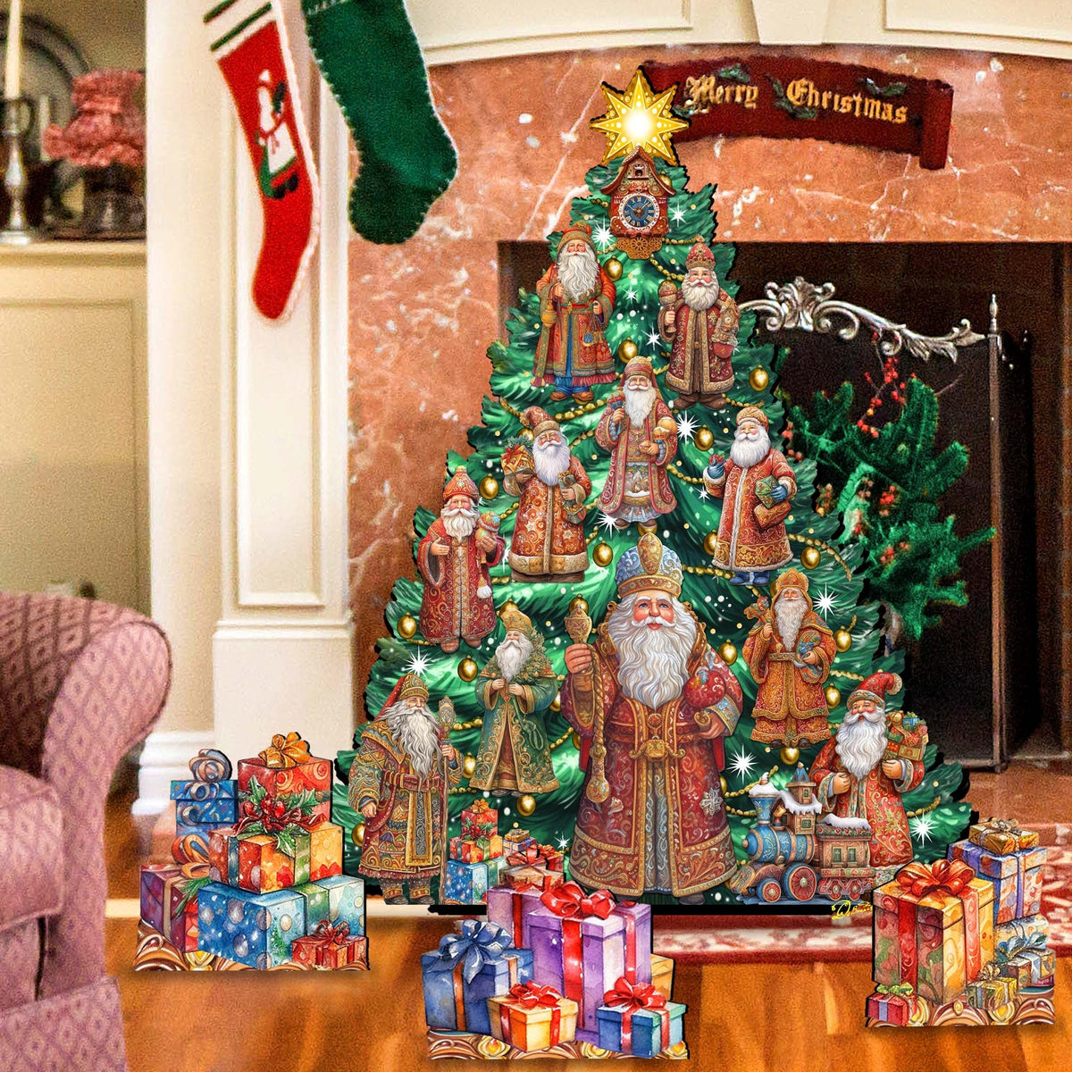 Santa-Themed Christmas Tree Set Outdoor Indoor Decor Wooden Christmas Decoration by G. Debrekht Christmas Decor - 8191517F-G