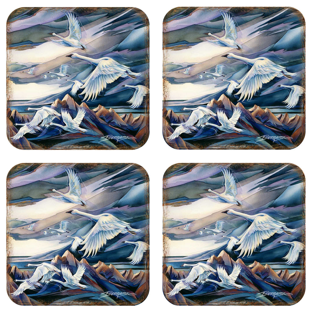 Flying Swans Wooden Cork Coasters Gift Set of 4 by J. Bergsma - Coastal Decor  - 8199457C-S4