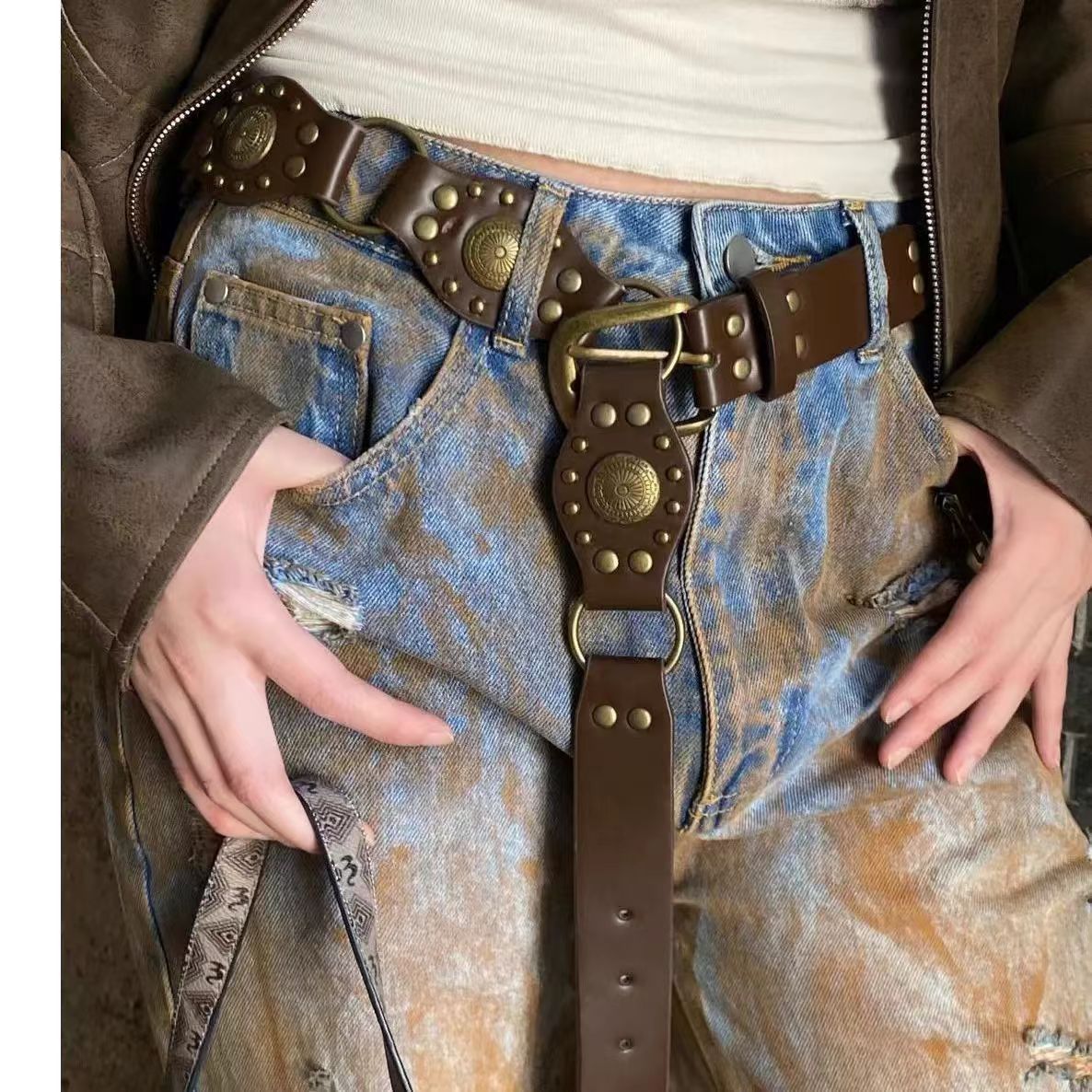 American Vintage Belt Women's Rivet Brown Leather