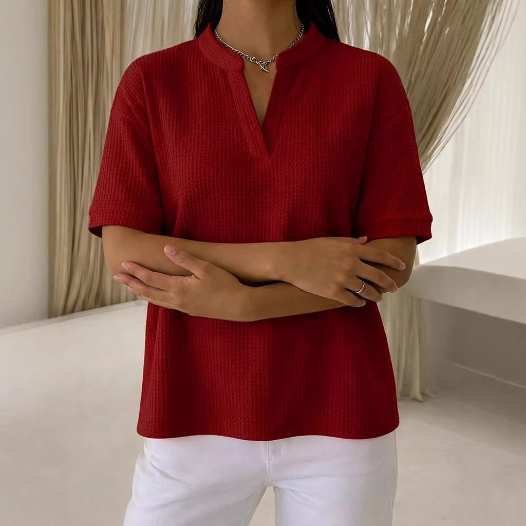 Waffle Knit Short Sleeve Blouse – 7 Colors | S–3XL