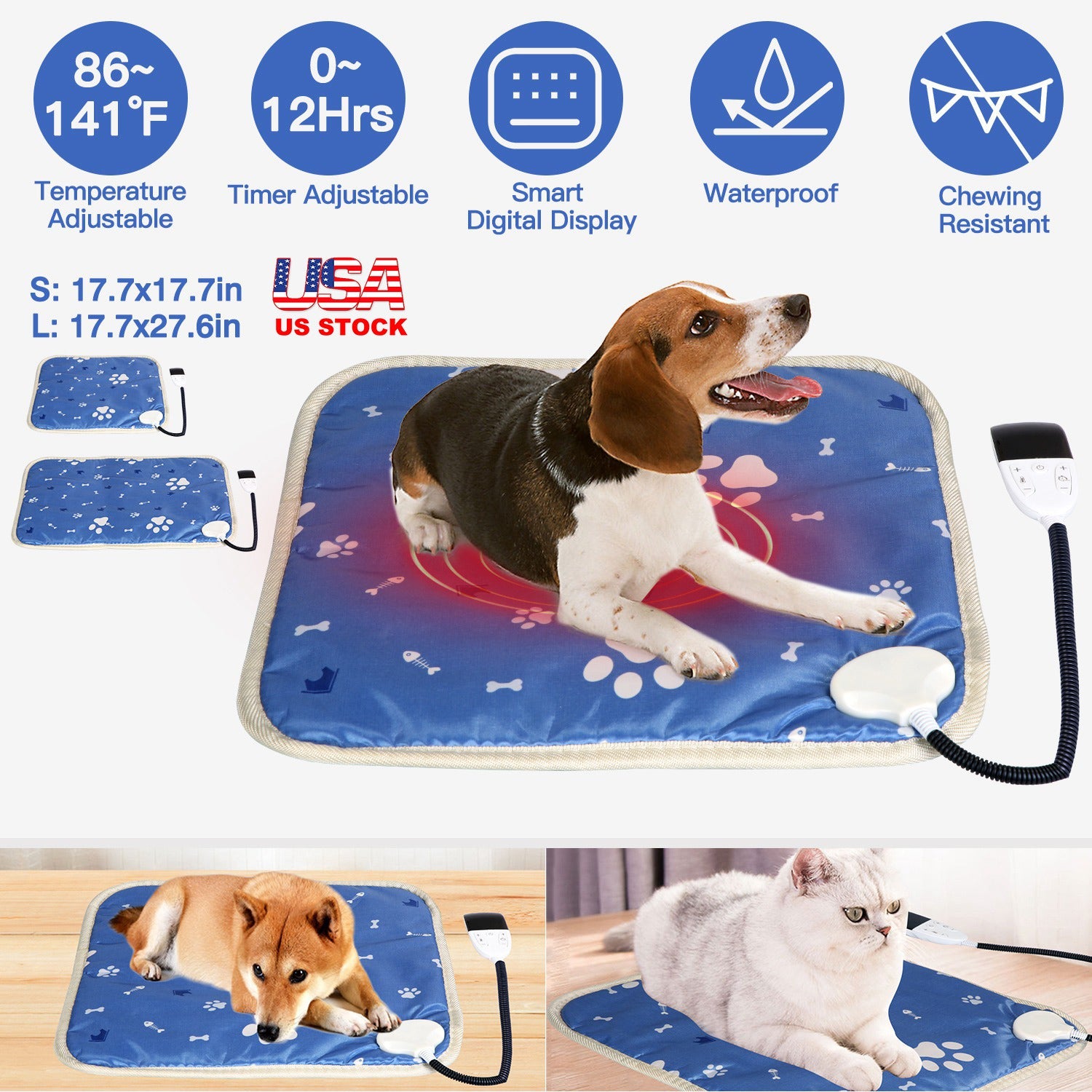 Pet Heating Pad Electric Dog Cat Heating Mat Waterproof Warming Blanket with 86-141  Adjustable Temperature 0-12 Timer Digital Display Chewing-resista