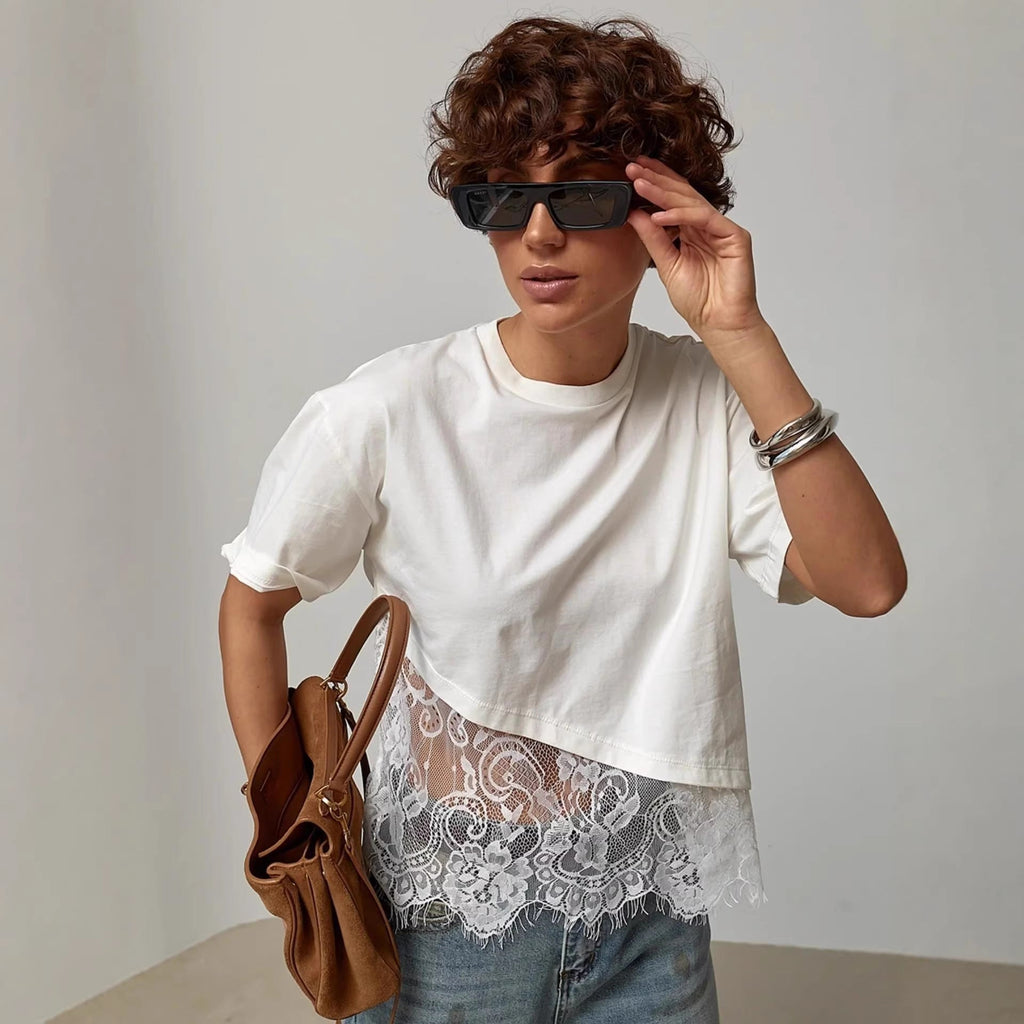 Mesh Lace Patchwork Blouse – Short Sleeve Crew Neck | White & Black