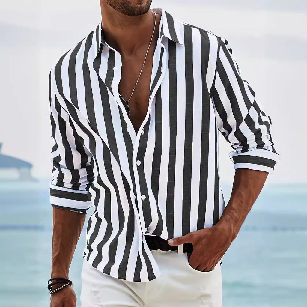 Men’s Striped Button-Up Shirt – Casual Loose Long-Sleeve