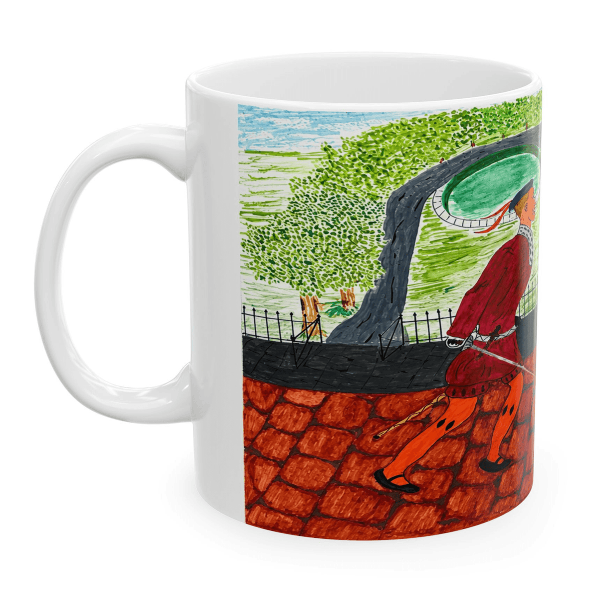 PimsArt Medieval Street Scene Dueling Swordsmen Mug From Original Painting