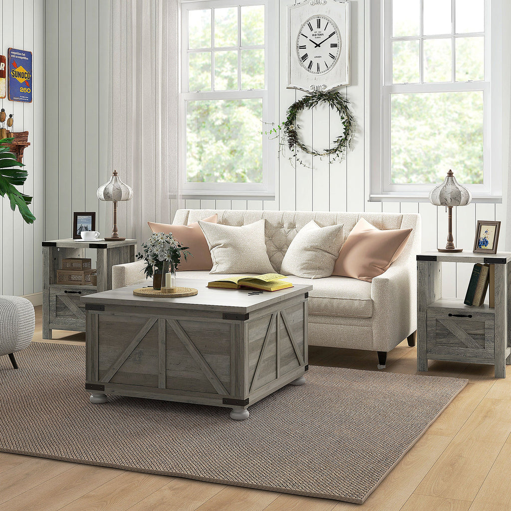 Farmhouse Square Coffee Table with Flip-Top Storage - Distressed Grey