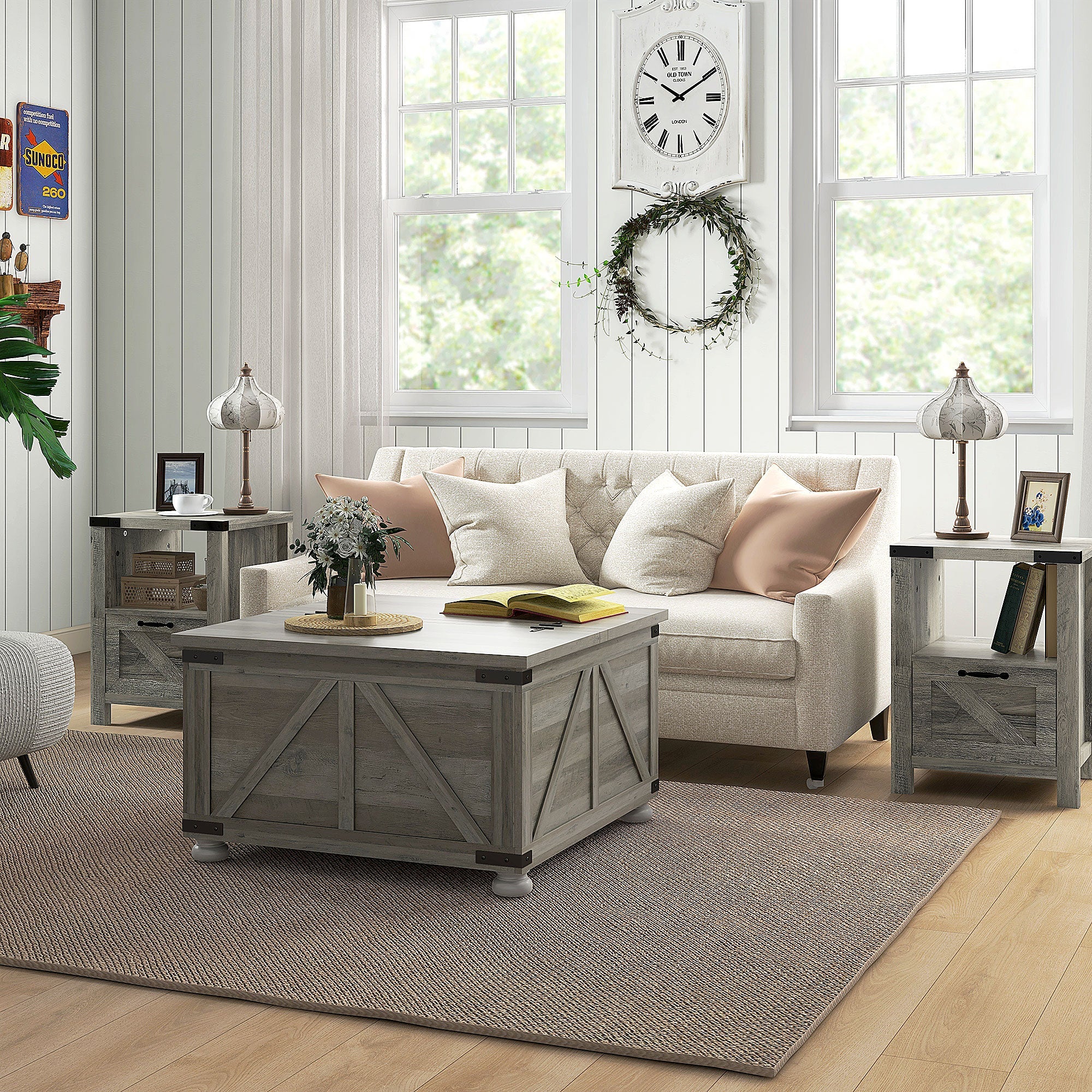 Farmhouse Square Coffee Table with Flip-Top Storage - Distressed Grey