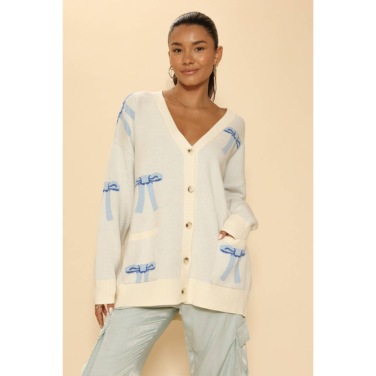 All Over Coquette Bow Knit Cardigan in Blue or Pink [Size Options: SM-XL]